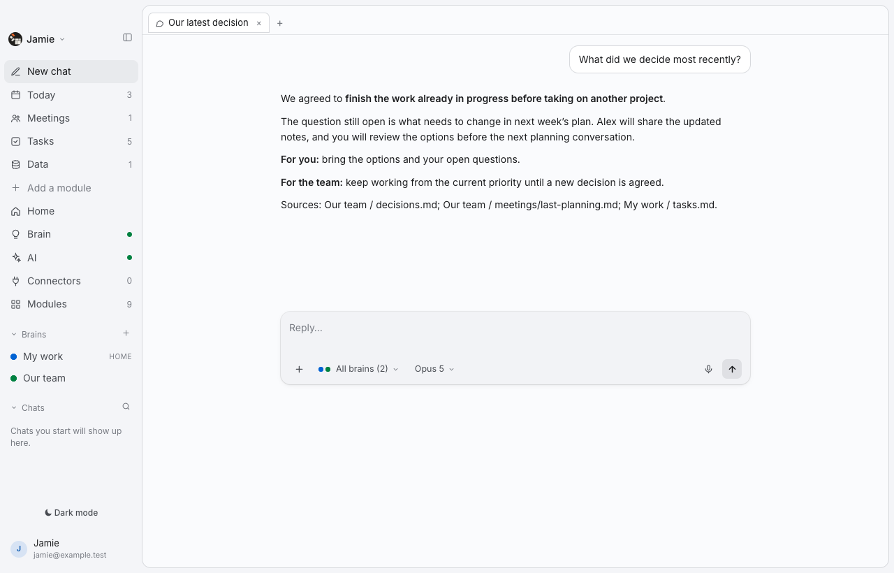 Thoughtspan Desktop — Sample answer. See the reasoning behind the decision and what it means for your responsibilities. The shared context stays connected to your own work.