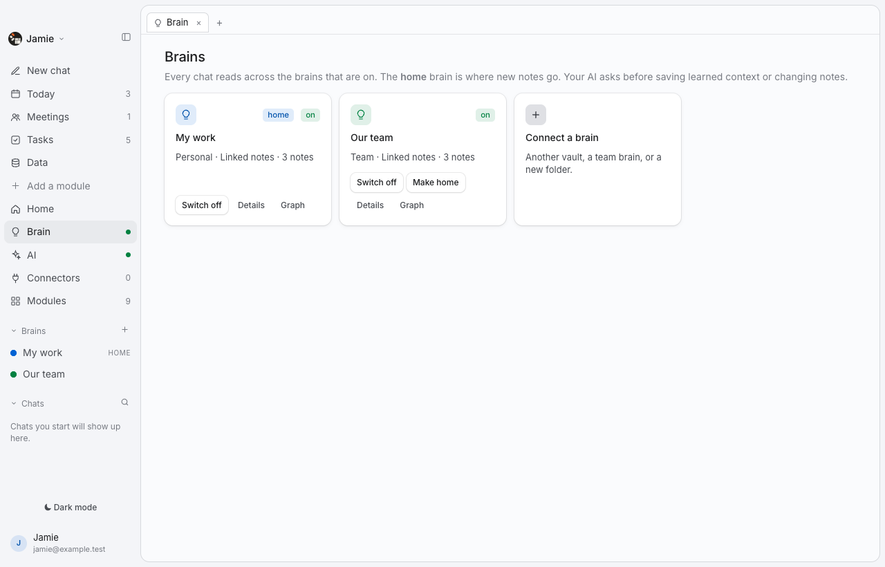 Thoughtspan Desktop — Brains. Bring your preferences and responsibilities together with the knowledge you share. Distinct brains give each kind of context a place in the work.