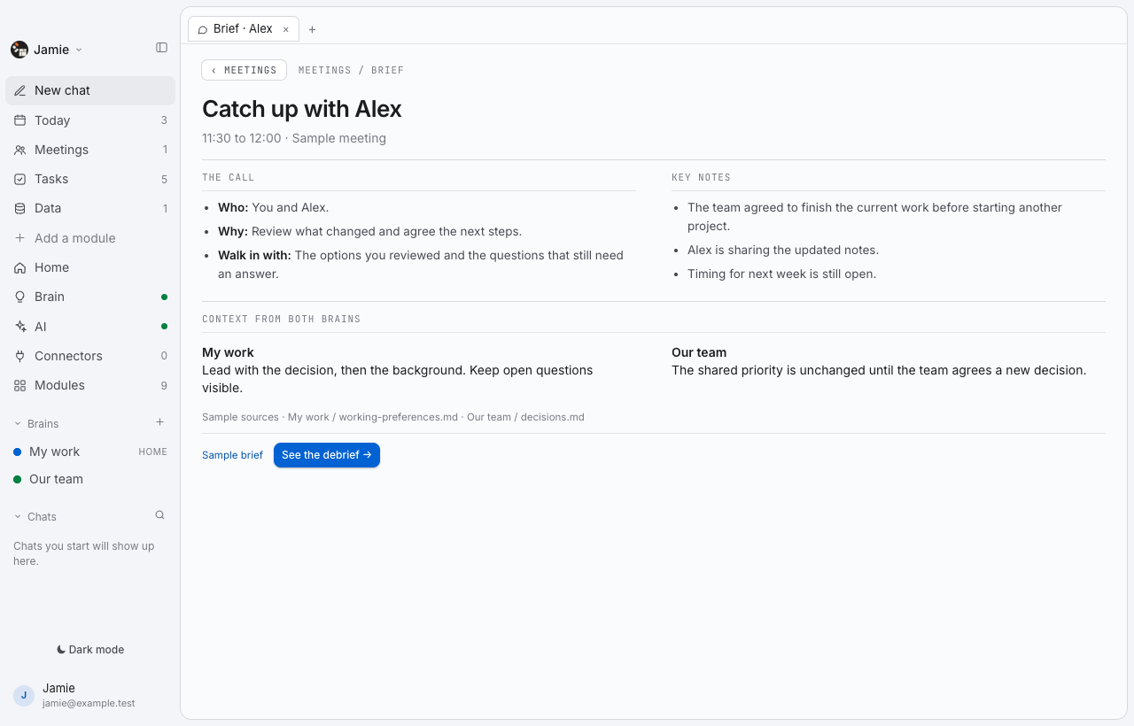 Thoughtspan Desktop — Meeting brief. The purpose, open questions and relevant history are together. Personal context and shared knowledge help you lead with the right conversation.