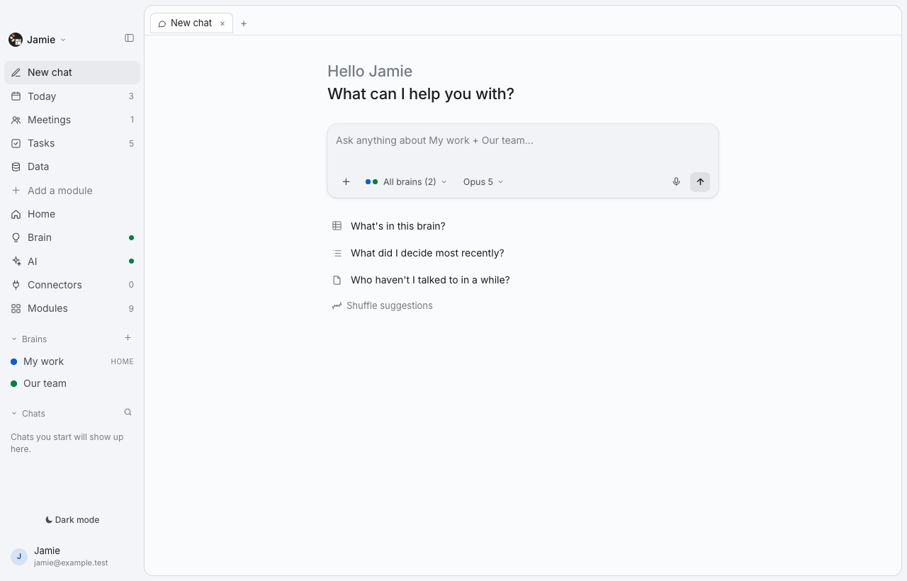 Thoughtspan Desktop — Chat. Ask a question with your selected brains already in view. Pick up a decision, explore a direction or prepare for what comes next.