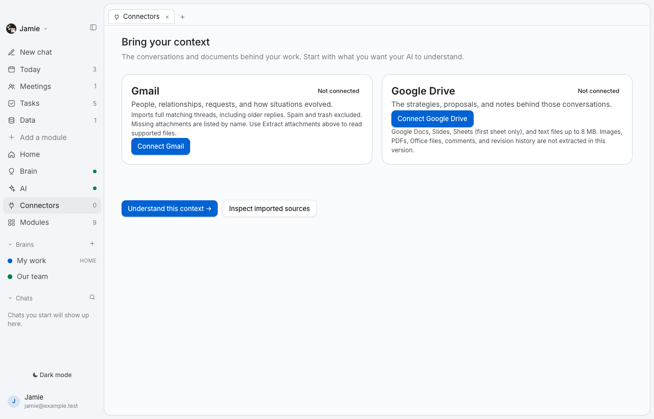 Thoughtspan Desktop — Connectors. Bring relevant conversations, documents and notes into the workspace. Start from your existing work and agree the sources that matter.