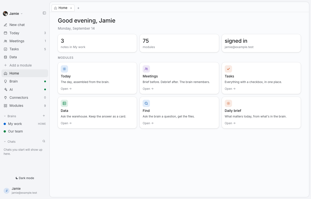 Thoughtspan Desktop — Home. Bring useful tools into one workspace, with your knowledge close at hand. Move between the parts of your day without losing the thread.