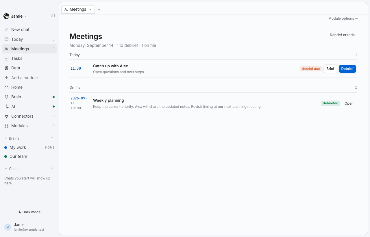 Thoughtspan Desktop — Meetings. Walk in prepared, pick up where you left off, and carry the useful parts forward. The context stays with the work, before and after the meeting.
