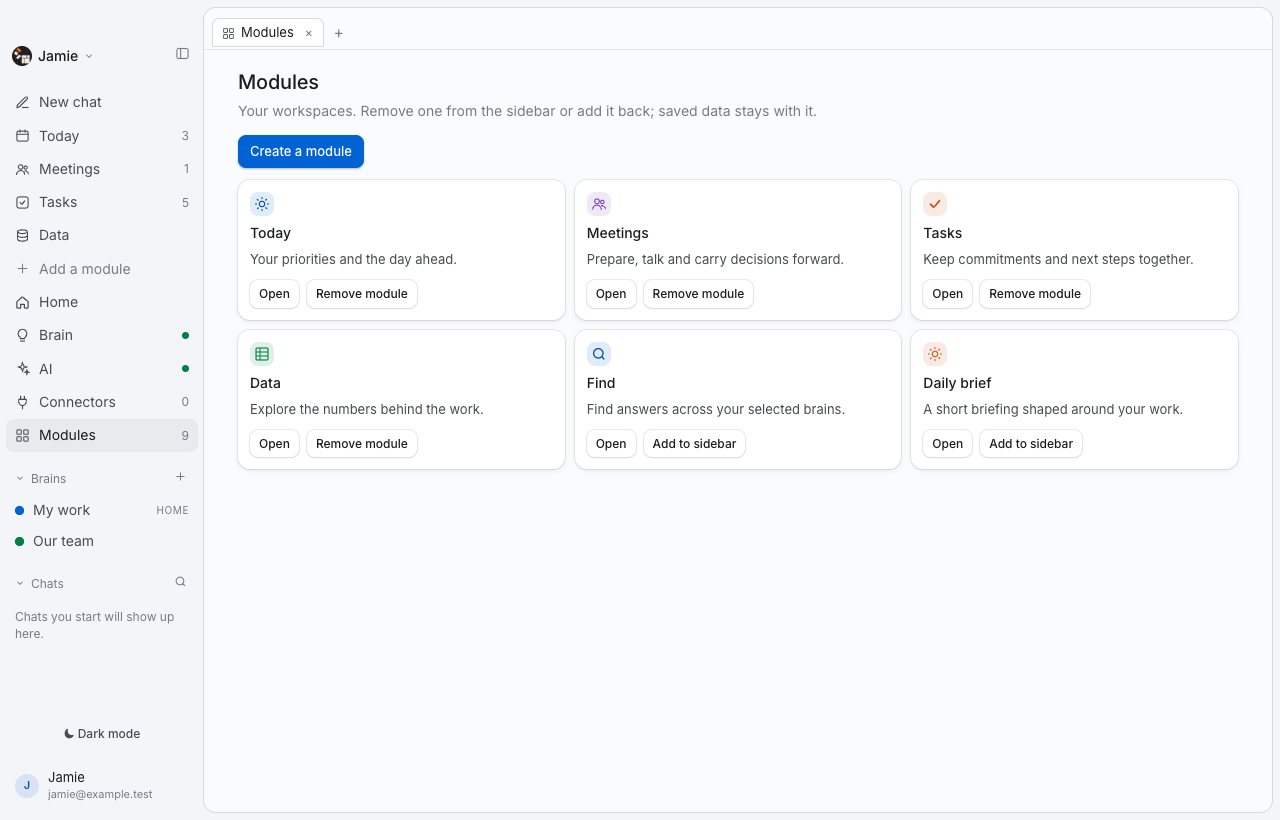 Thoughtspan Desktop — Modules. Build custom modules for the work you actually do. Start with a question, shape a useful tool and evolve it as your needs change.