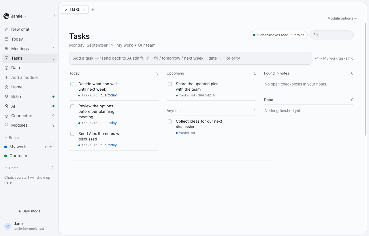 Thoughtspan Desktop — Tasks. Your commitments come together across your notes: what needs you today, what is coming next and what can wait.