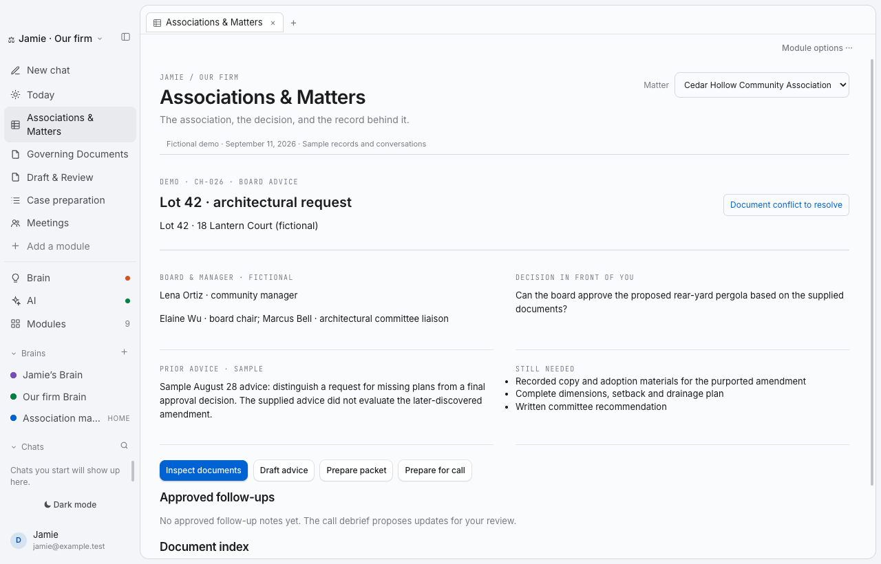 Actual Thoughtspan Desktop: fictional Cedar Hollow association, architectural matter, prior advice and missing documents.